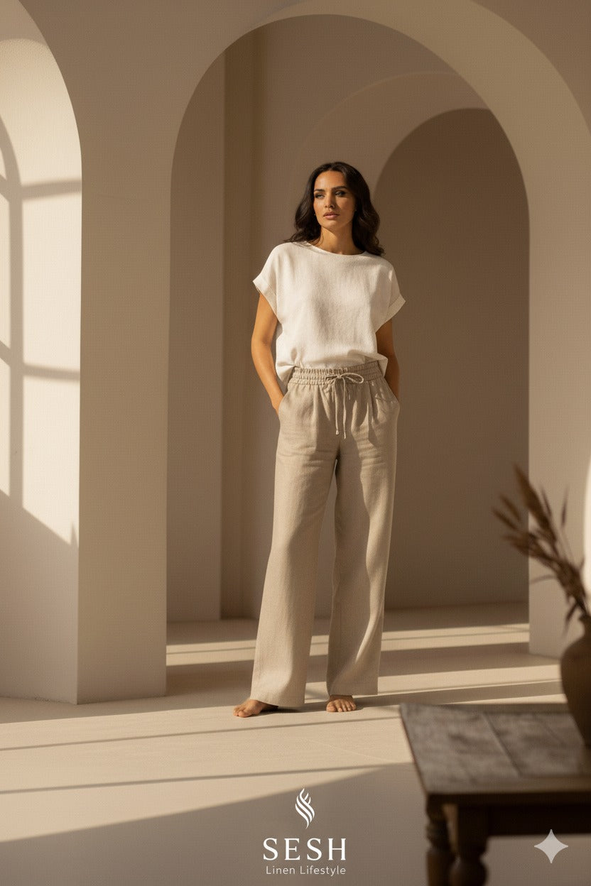 Beige Linen Wide Leg Trousers