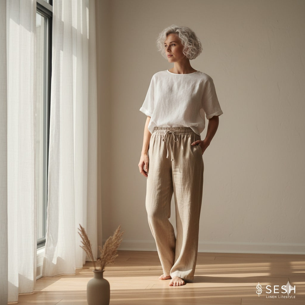 Beige Linen Wide Leg Trousers