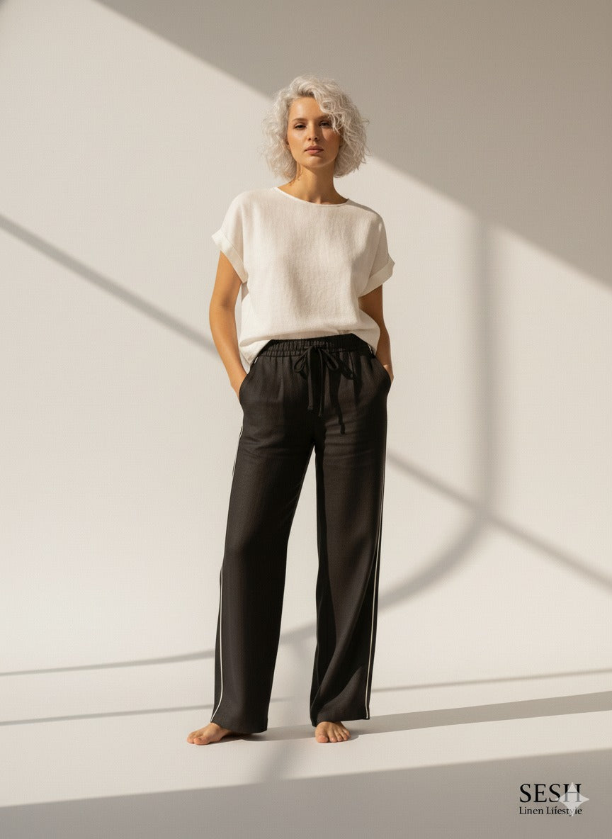 Black Linen Wide Leg Trousers