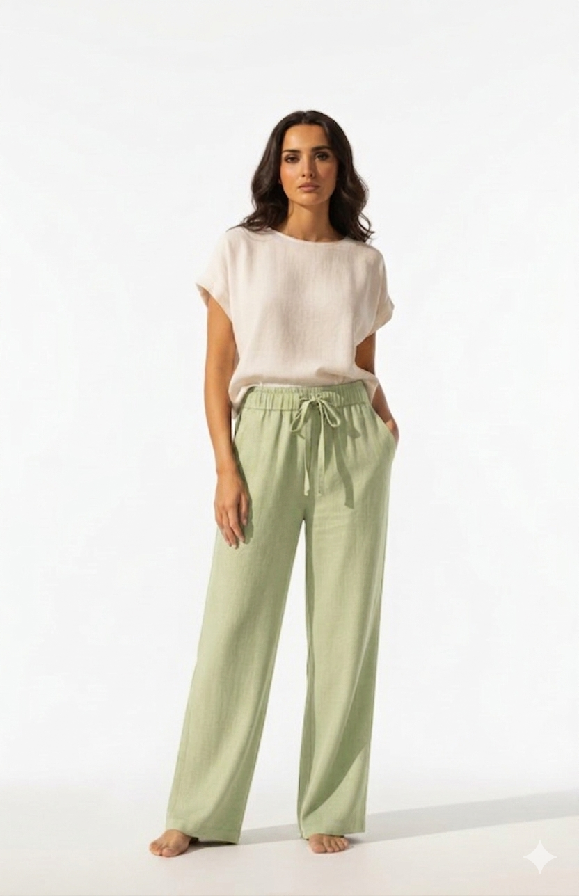Sage Green Linen Wide-Leg Trousers
