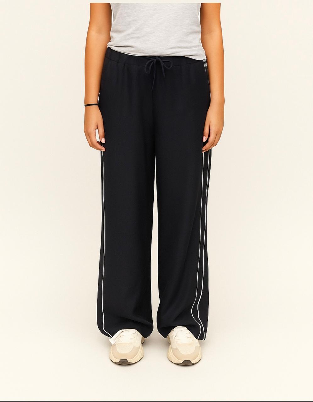 Black Wide-Leg Trousers with White Side Stripe